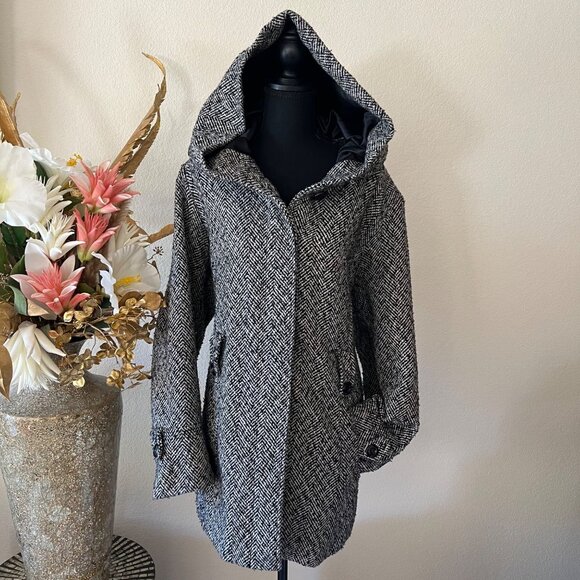 George Jackets & Blazers - George Herringbone Wool Blend Hooded Coat with Hidden Buttons Black & White 3XL
